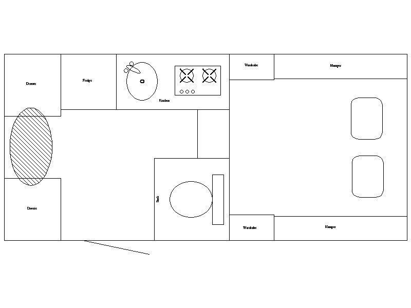 A floor plan of a small house with a kitchen and bathroom.