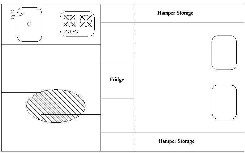 A drawing of the interior of a refrigerator.