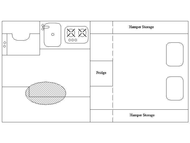 A drawing of the interior of a kitchen.