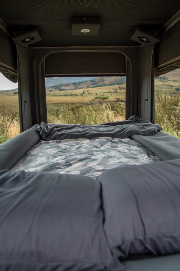 Campground bed with view of hills.