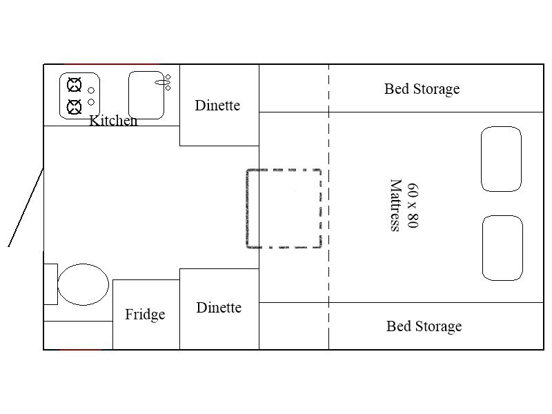 A floor plan of a small room with bed and kitchen.