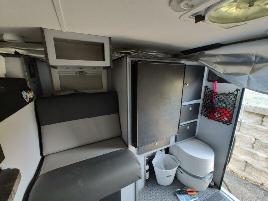 A view of the inside of a camper.