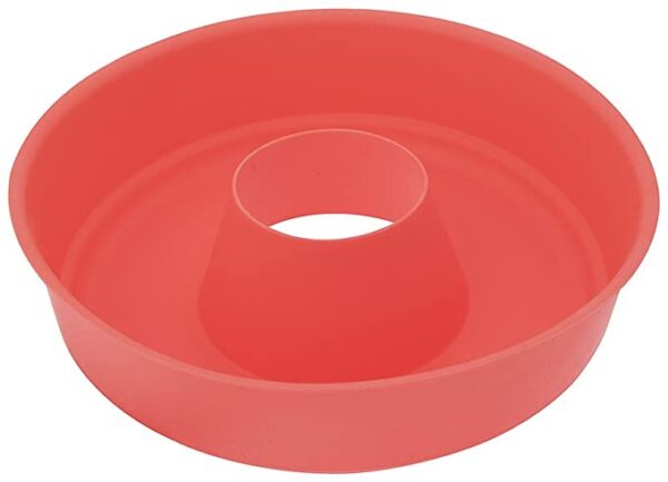 A red plastic silicone mold with a hole in the middle.