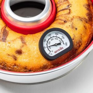 A cake in a tin with a Thermometer in it.