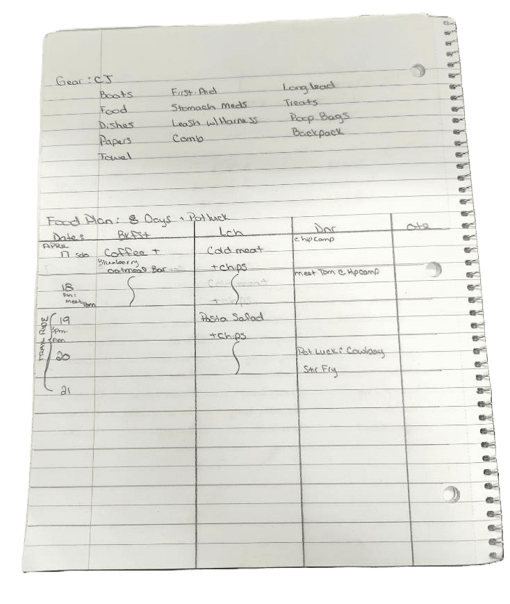 Handwritten food plan table with meal ideas.