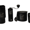 Black coffee brewing set with BT logo.