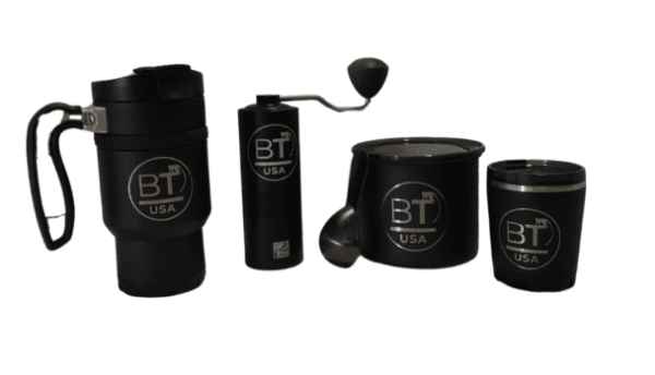 Black coffee brewing set with BT logo.