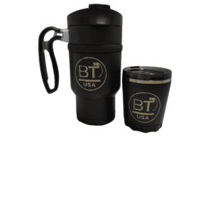 Black coffee mug and cup with logo.