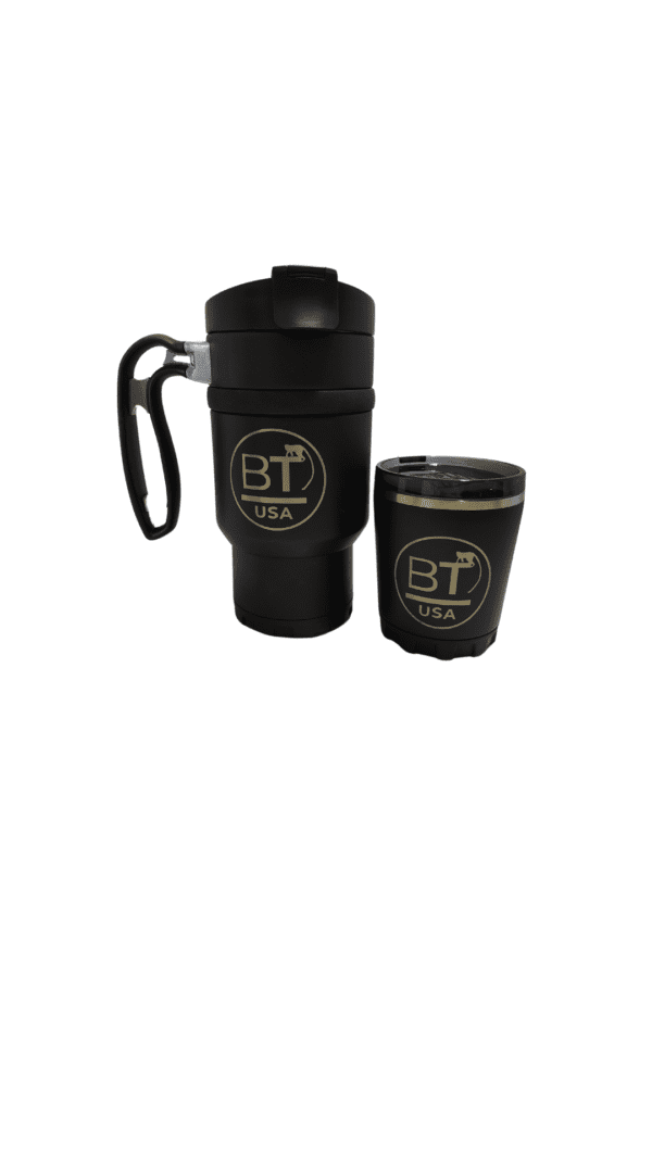 Black coffee mug and cup with logo.