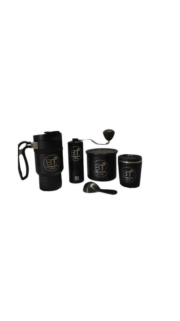 Black coffee brewing kit with grinder.