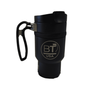 Black travel mug with BT USA logo.