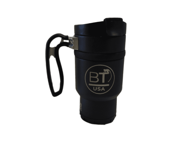 Black travel mug with BT USA logo.