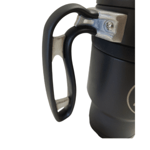 Black travel mug with a handle.