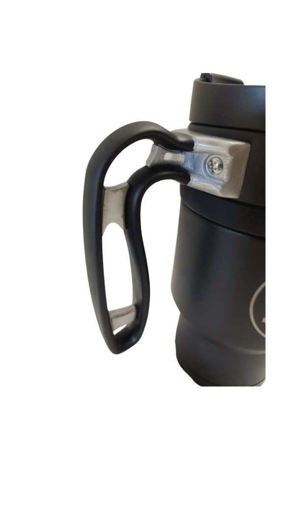 Black travel mug with a handle.