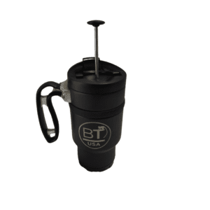 Black french press coffee maker with handle.