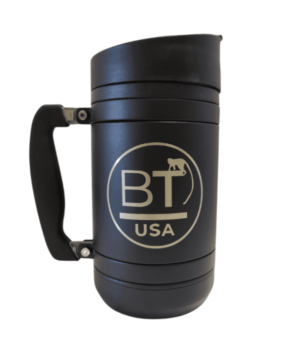 Black travel mug with BT USA logo.