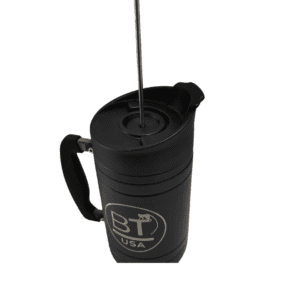 Black French press with plunger raised.