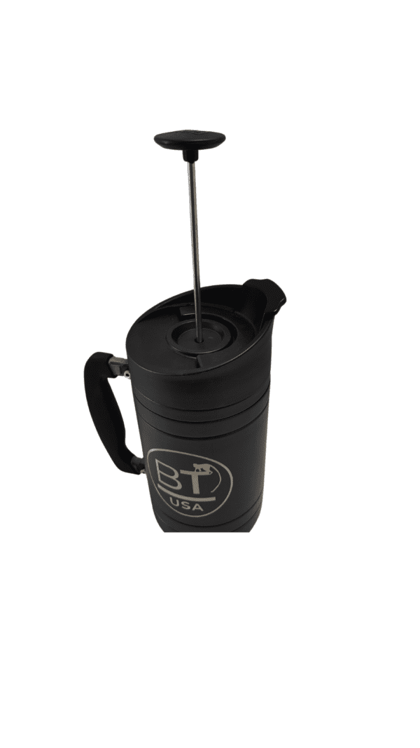 Black French press with plunger raised.