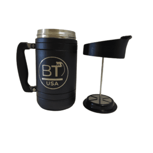 Black French press coffee maker with logo.