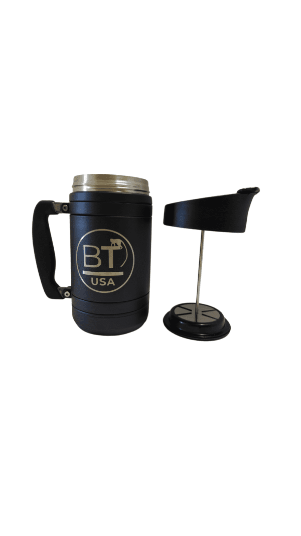 Black French press coffee maker with logo.