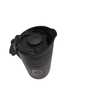 Black travel coffee mug with lid.