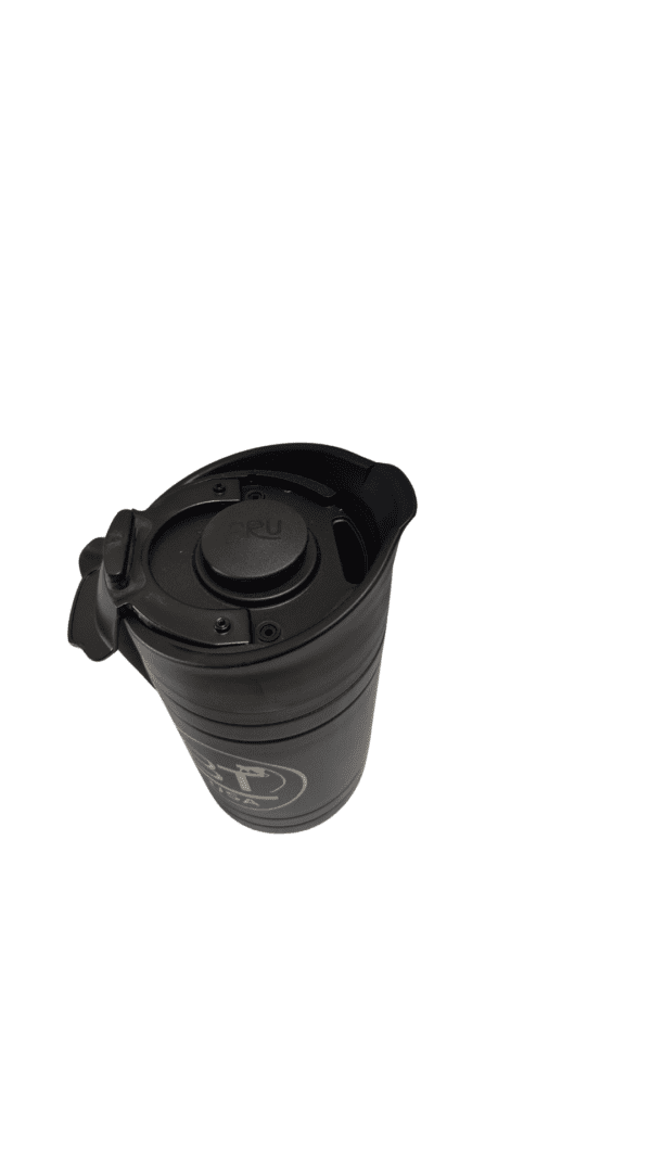 Black travel coffee mug with lid.