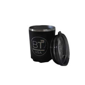 Black travel mug with BT USA logo.