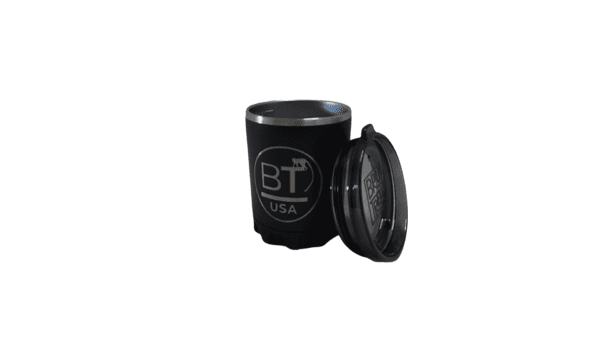 Black travel mug with BT USA logo.