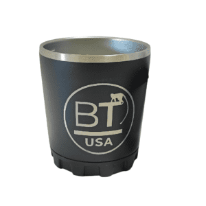 Black stainless steel cup with BT logo.