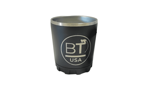 Black stainless steel cup with BT logo.