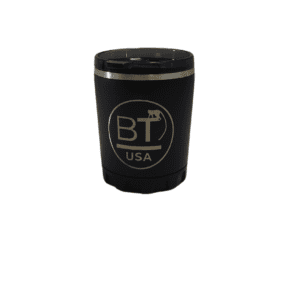 Black travel mug with BT logo.