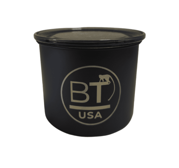 Black can with BT USA logo and monkey.