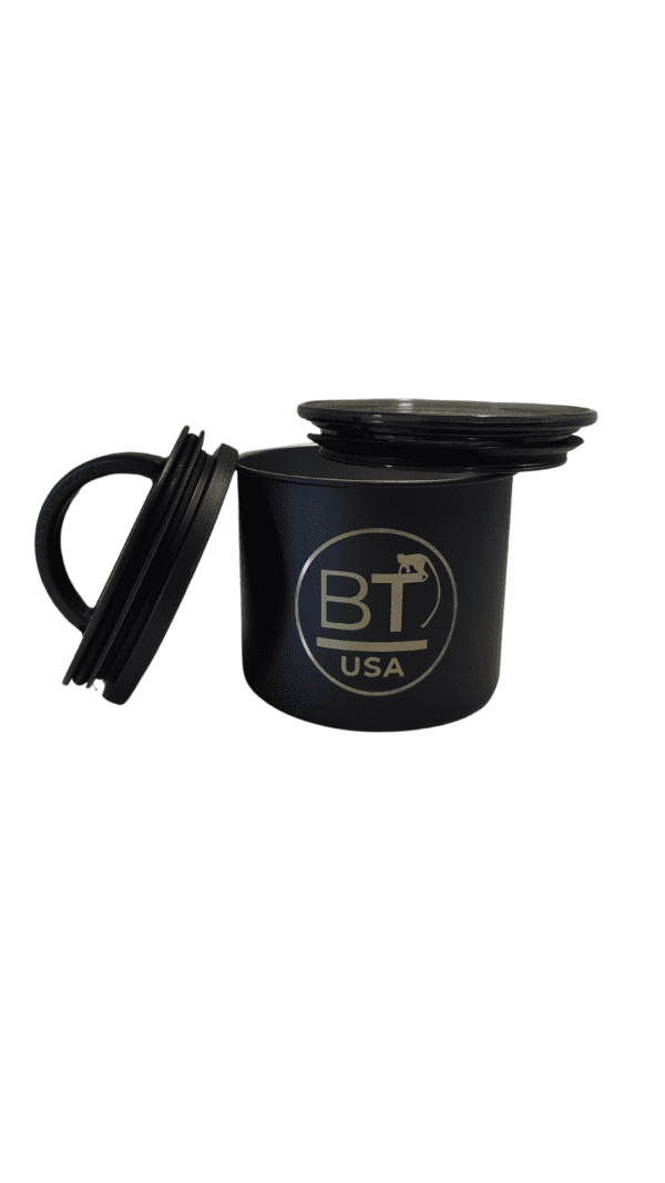 Black container with lid and "BT USA" logo.