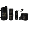 Black coffee mugs and grinder with logo.