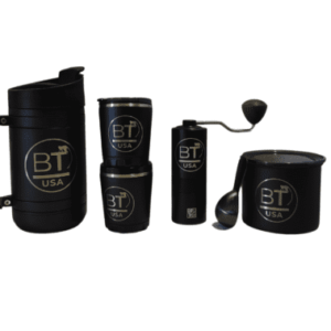 Black coffee mugs and grinder with logo.