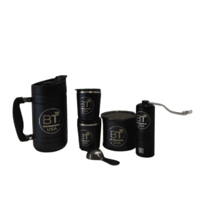 Black coffee maker set with logo.