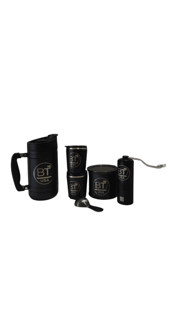 Black coffee maker set with logo.