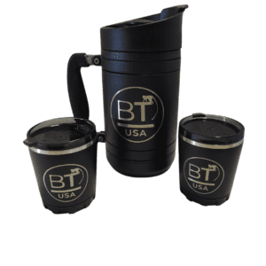 Black coffee mugs with BT USA logo.