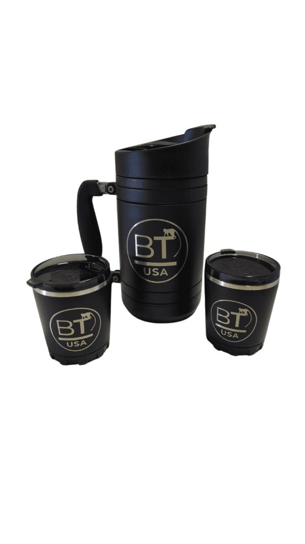 Black coffee mugs with BT USA logo.