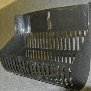 Black plastic scoop with metal grate.