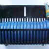 Blue retractable air hose in a holder.