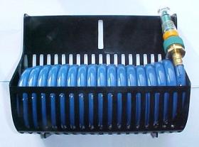 Blue retractable air hose in a holder.