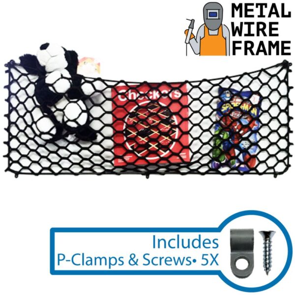 Black metal wire cargo net with toys.