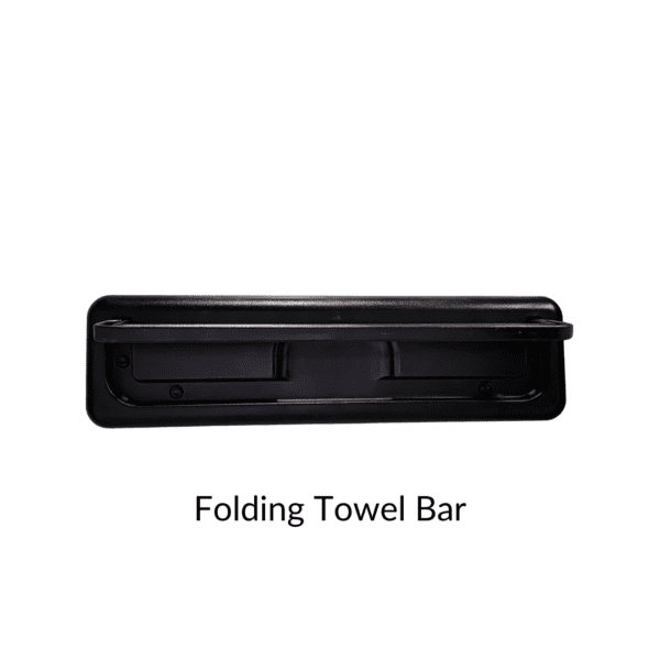 Black folding towel bar on white background.