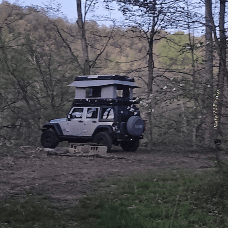 Jeep with roof tent in forest clearing.