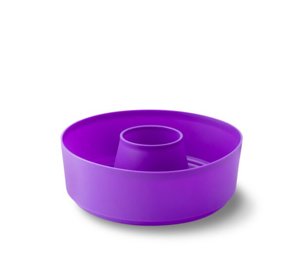Purple silicone bundt cake baking pan.
