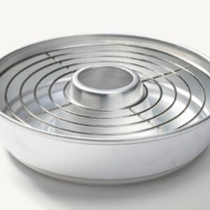 Round metal baking pan with wire rack.